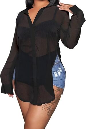 Women's Sheer Cover Ups Button Up Blouse Sexy Long Sleeve Slit Hem Mesh See Through Shirts Tops