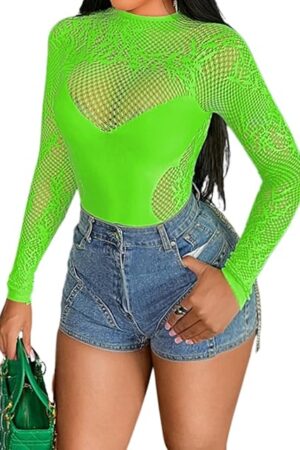 Womens Stretchy Fishnet Bodysuit, Sexy Backless Going Out Club Tops, Mesh Long Sleeve Rave Outfits