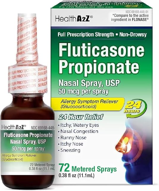 HealthA2Z? Fluticasone Propionate Nasal Spray | 50 mcg per Spray | 24 Hour Allergy Relief | 144 Sprays | 062 fl oz (182mL) (038 fl oz (Pack of 1))