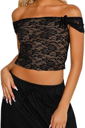 Women's Black Off Shoulder Crop Top See Through Lace Tee Shirt Blouse Backless Bodycon Corset T-Shirt Streetwear