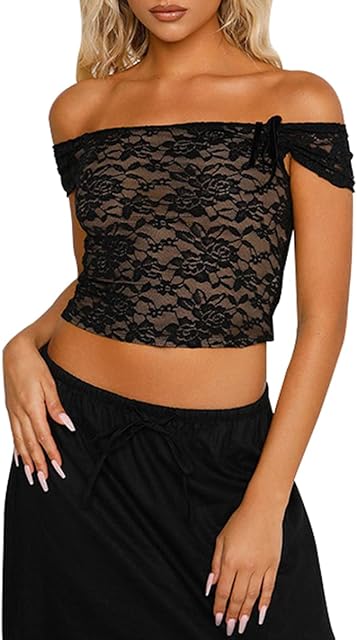 Women's Black Off Shoulder Crop Top See Through Lace Tee Shirt Blouse Backless Bodycon Corset T-Shirt Streetwear