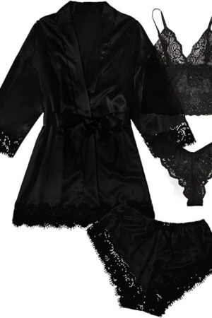 4Pcs Womens Lace Silk Pajamas Robes Set Pajamas Cami Shorts Satin Sleepwear Lace Loungewear Pjs