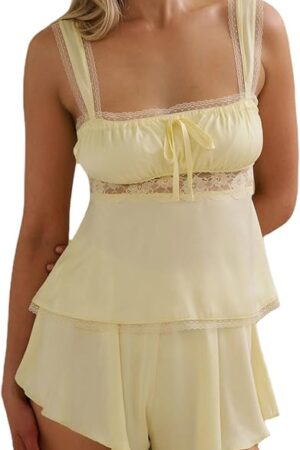 Womens Silk Cami Pajama Set Lace Trim Babydoll Tank Top Shorts Silky Satin Lingerie Sets Sexy Sleepwear