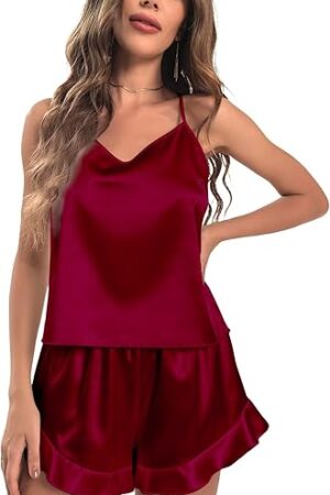 Women V Neck Satin Lingerie Pyjamas Set Sexy Cami and Shorts Set Nightwear