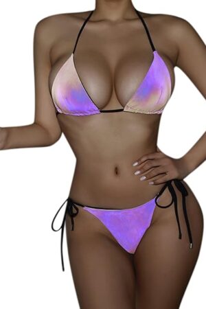 Women Sexy Reflective Halter Strap Bikini Set Metallic Two Piece Swimsuit Triangle Bathing Suits Swimwear