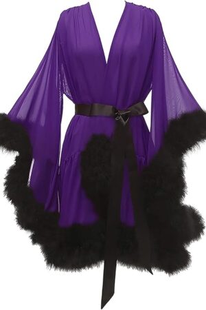 Feather Fur Bridal Sheer Robe Chiffon Lingerie Nightgown Bathrobe Sleepwear Long Sleeve Wedding Scarf