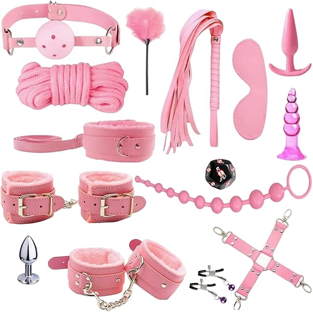BDSM Restraints Sex Toys 15 Pcs for Couples Bondage Kits Fetish Bed Restraints Set for Beginners SM Adult Games Spanking Paddle Pink