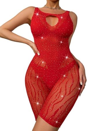 Women's Sexy Rhinestone Fishnet See Through Lace Mini Dress Jumpsuits Clubwear Cut Out Bodysuit Straps Sheer