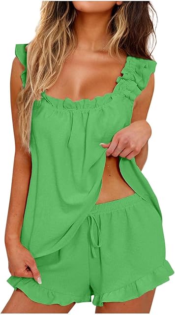 Womens Pajamas Set 2 Piece Ruffle Pj Soft Cute Tank Top and Shorts Sleepwear Set Bridal Pajama Summer Loungewear Set