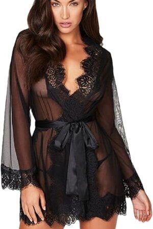 Women's Lace Trim Kimono Robe Sexy Belted Lingerie Babydoll Chemise Erotic Naughty Nightwear