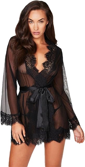 Women's Lace Trim Kimono Robe Sexy Belted Lingerie Babydoll Chemise Erotic Naughty Nightwear