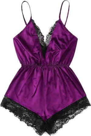 Women's Sexy Floral Lace Mesh Satin Bodysuit V Neck Spaghetti Strap Lingerie Sleepwear Teddy Babydoll Nightwear