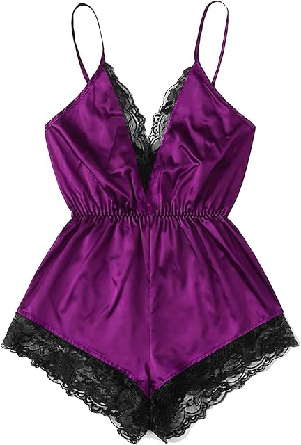 Women's Sexy Floral Lace Mesh Satin Bodysuit V Neck Spaghetti Strap Lingerie Sleepwear Teddy Babydoll Nightwear