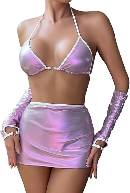 Women's Sexy and Fun Set Teddy Babydoll Underwear Short Skirt Set Bright Leather Lingerie 4pc Wrapped Hip Shapewear