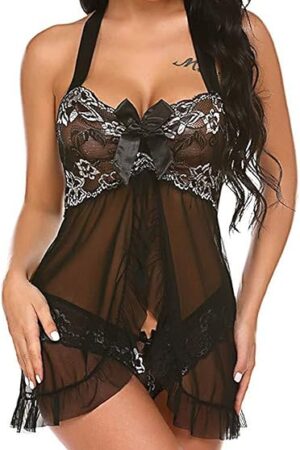 Women's Sexy Lingerie Sets 2 Piece Strappy Bra Swing Babydoll Tulle Chemise Mesh Lace Panties Valentines Bustier Set