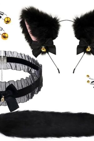 Anal Plug with Bunny Tail Plush Cat Ears Collar Nipple Clamps SM Butt Plug Anal Toys Cosplay Sex Toy Kit for Women Men Set of 4 pcs