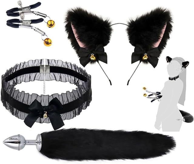 Anal Plug with Bunny Tail Plush Cat Ears Collar Nipple Clamps SM Butt Plug Anal Toys Cosplay Sex Toy Kit for Women Men Set of 4 pcs