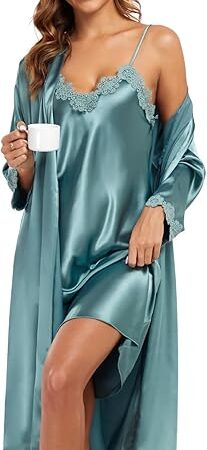 Women's Satin Robe Set 2 Piece Pajama Sets Sexy Lingerie Robes Soft Sleepwear Silky Kimono Nightgown with Camisole