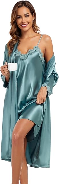 Women's Satin Robe Set 2 Piece Pajama Sets Sexy Lingerie Robes Soft Sleepwear Silky Kimono Nightgown with Camisole