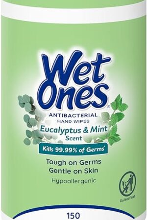 Wet Ones Antibacterial Eucalyptus & Mint Hand Wipes, Canister| Antibacterial Wipes, Hand Sanitizer Wipes, Wet Ones Wipes, Soft Textured Wipes, Lightly Scented Wipes, 150 ct. (1 pack)