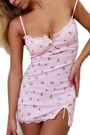 Womens Floral Lingerie Sexy Lace Trim Babydoll V Neck Chemise Nightgown Slip Sleepwear Night Dress+Bra Pads Removable