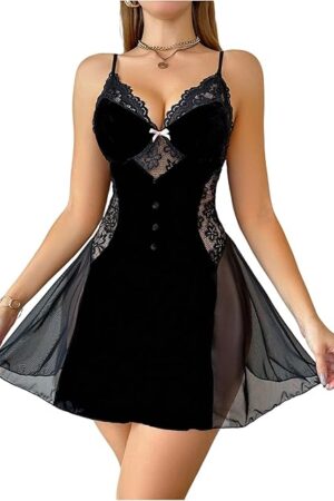 Women's Floral Lace Mesh Slip Nightdress Bow Chemise Sleeveless Button Front Nightgowns