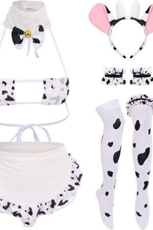 Women Sexy Milk Cow Maid Lingerie Set Anime Lolita Cosplay Mini Bikini Bra Underwear Nightwear Fancy Dress up Costume
