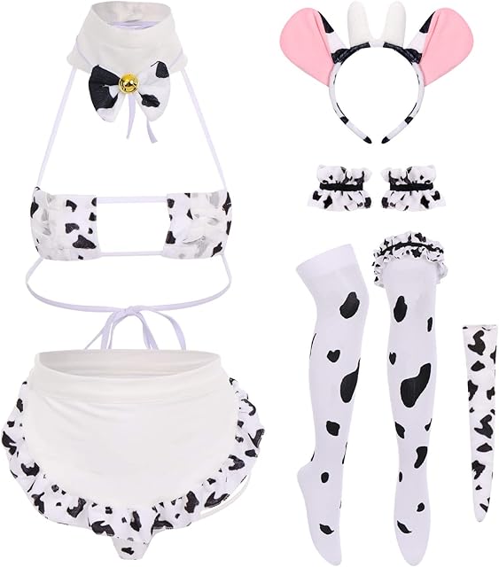 Women Sexy Milk Cow Maid Lingerie Set Anime Lolita Cosplay Mini Bikini Bra Underwear Nightwear Fancy Dress up Costume