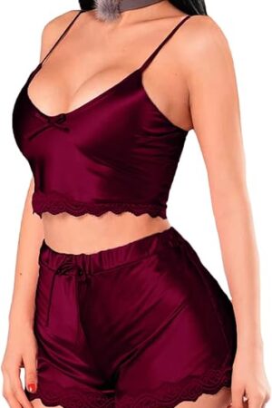 Women's Satin Lace Trim Pajamas Set Spaghetti Crop Top with Shorts Sleepwear
