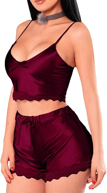 Women's Satin Lace Trim Pajamas Set Spaghetti Crop Top with Shorts Sleepwear
