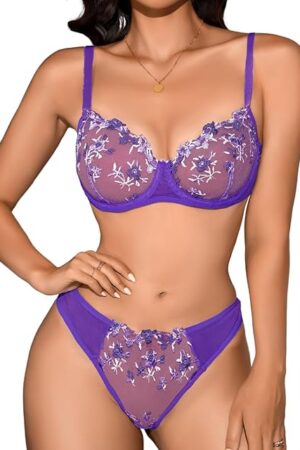 Colorful Lingerie, Floral Embroidery, Underwire Bra And Panty Set