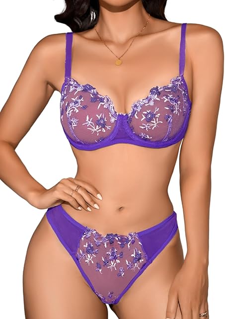Colorful Lingerie, Floral Embroidery, Underwire Bra And Panty Set