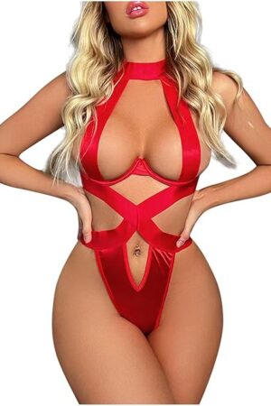 Women's Lingeries Sexy One Piece Patent Leather Splicing Hanging Neck Lingerie Sets Stockings Lingerie, S-2XL