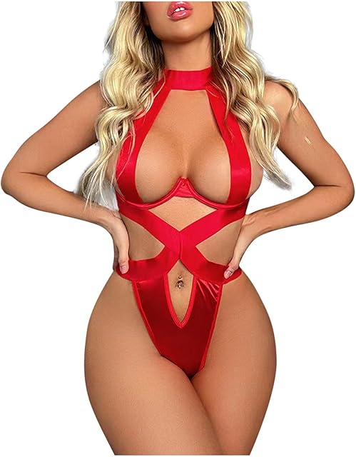 Women's Lingeries Sexy One Piece Patent Leather Splicing Hanging Neck Lingerie Sets Stockings Lingerie, S-2XL