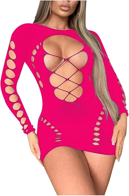 Womens Sexy Lingerie Fishnet Bodycon Dress Stripper Outfit Hollow Out Long Sleeve Mesh Chemise Babydoll Nightwear