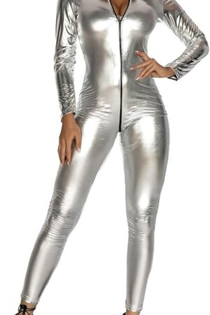 Womens Latex Catsuit Patent Leather Bodysuit Metallic Jumpsuit Party Clubwear Skinny Stretch Pvc Outfits XS-3XL