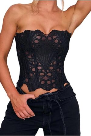 Women Strapless Lace-up Bustier Vest Backless Irregular Hollow Out Overbust Corset Top Sexy Shapewear Lingerie