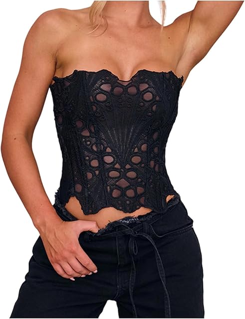 Women Strapless Lace-up Bustier Vest Backless Irregular Hollow Out Overbust Corset Top Sexy Shapewear Lingerie