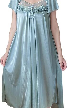 Women Satin Nightgown Short Sleeve Nightshirt Lace V Neck Silky Sleepdress Ladies Solid Pajama Dress Loungewear