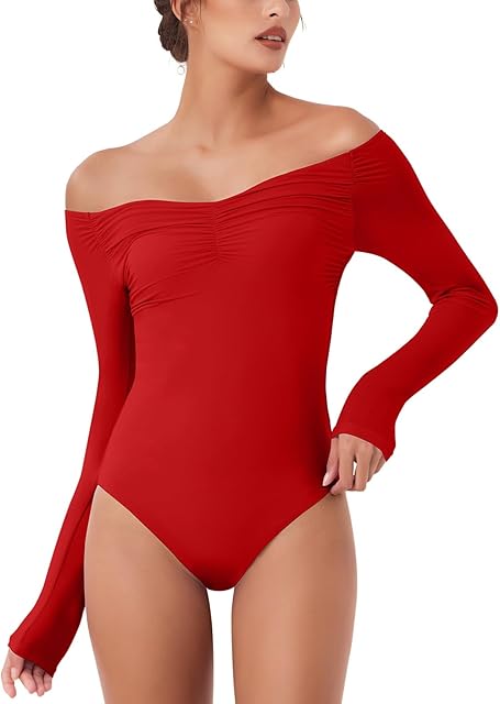 Women's Long Sleeve Off-Shoulder Strapless V-Neck Double Layer Sexy Bodysuit 2025 Fall/Winter Designer Collection