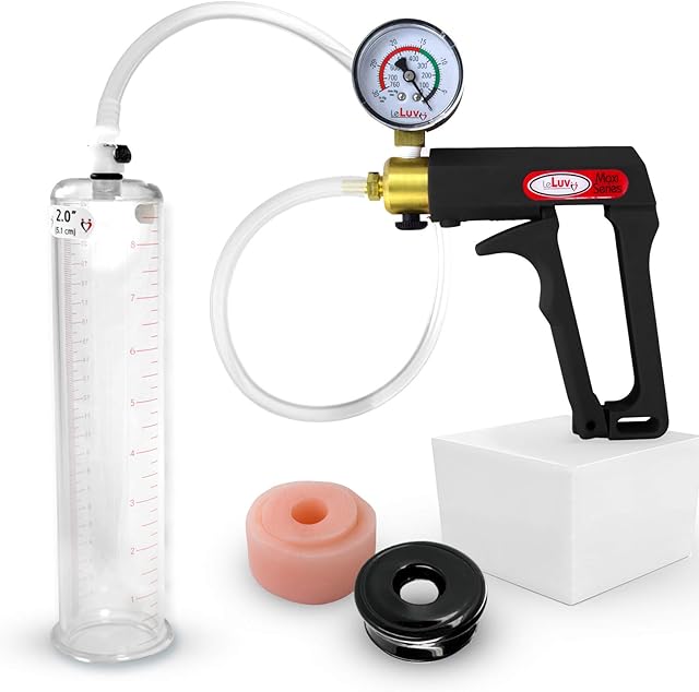 LeLuv Penis Pump Maxi Black Handle Installed Gauge - Bundle with Clear Hose, Vacuum Seal and Silicone Donut Seal - 9 inch Length x 2 inch Diameter Cylinder