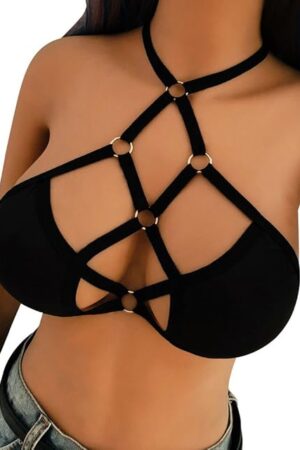 Women's Harness Bra Sexy Strappy Cage Lingerie Hollow Out Bra Lace Bralette Crop Top Everyday Life Bra Black
