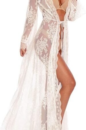 Women Sexy Long Lace Dress Sheer Gown See Through Lingerie Kimono Robe Swimsuit Cover Up