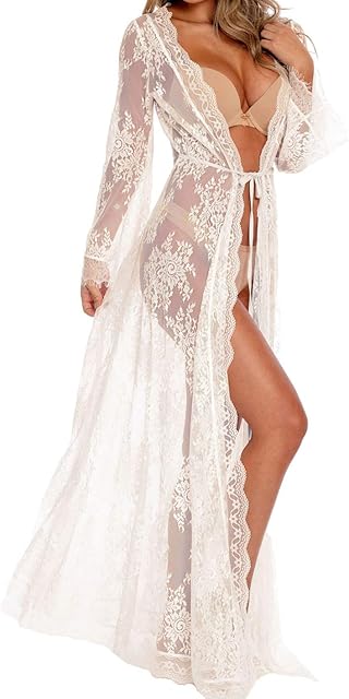 Women Sexy Long Lace Dress Sheer Gown See Through Lingerie Kimono Robe Swimsuit Cover Up