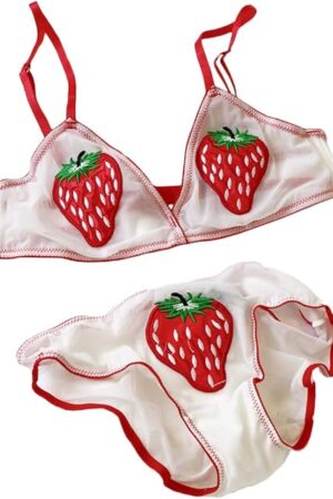 Womens Sheer Bra and Panty Set Strawberry Embroidery Lingerie Schoolgirl