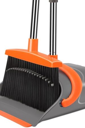 Broom and Dustpan Set for Home, Broom and Dustpan Combo for Office, Long Handle Broom with Upright Standing Dust pan,Indoor&Outdoor Sweeping (Gray&Orange)