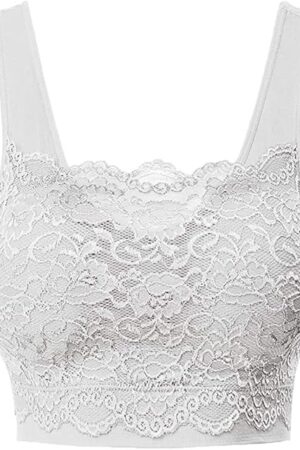 Womens Square Neck Lace Sports Bra Wirefree Padded Workout Yoga Bra Crop Tank Top with Bra Wide Strap Breathable Camisole