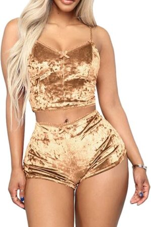 Women's Velvet 2 Piece Outfit Spaghetti Strap Crop Top Camisole Shorts Pajamas Set Sleepwear Nightwear