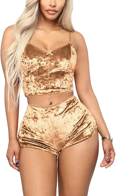 Women's Velvet 2 Piece Outfit Spaghetti Strap Crop Top Camisole Shorts Pajamas Set Sleepwear Nightwear