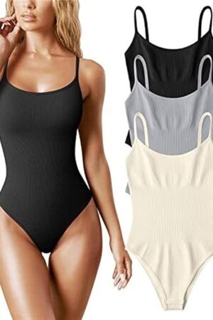 3 Piece Bodysuits Tummy Control Shapewear for Women Sexy Ribbed Sleeveless Adjustable Spaghetti Strips Tops Leotard